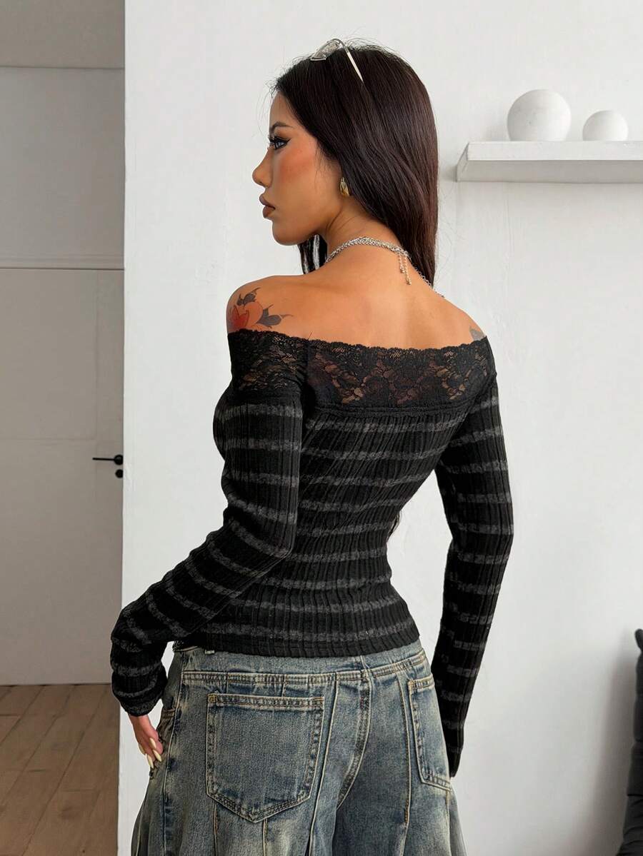 Women's slim fit off the shoulder long sleeve knitted top featuring contrast lace trim and ruched accents.