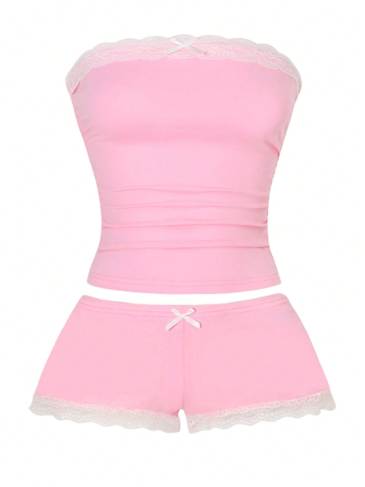 Women's contrast lace strapless camisole and shorts two-piece outfit with ruffle detail and slim fit styling