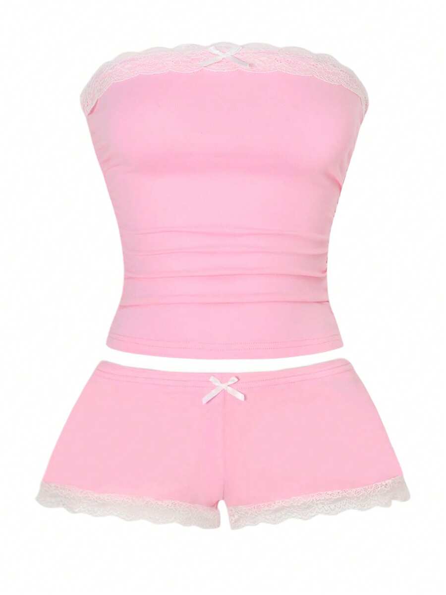 Women's contrast lace strapless camisole and shorts two-piece outfit with ruffle detail and slim fit styling