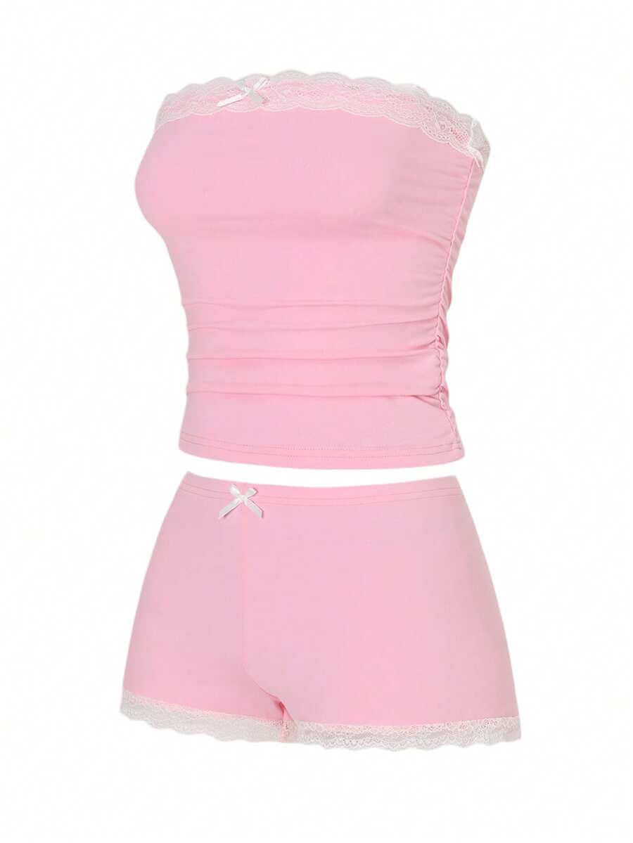 Women's contrast lace strapless camisole and shorts two-piece outfit with ruffle detail and slim fit styling
