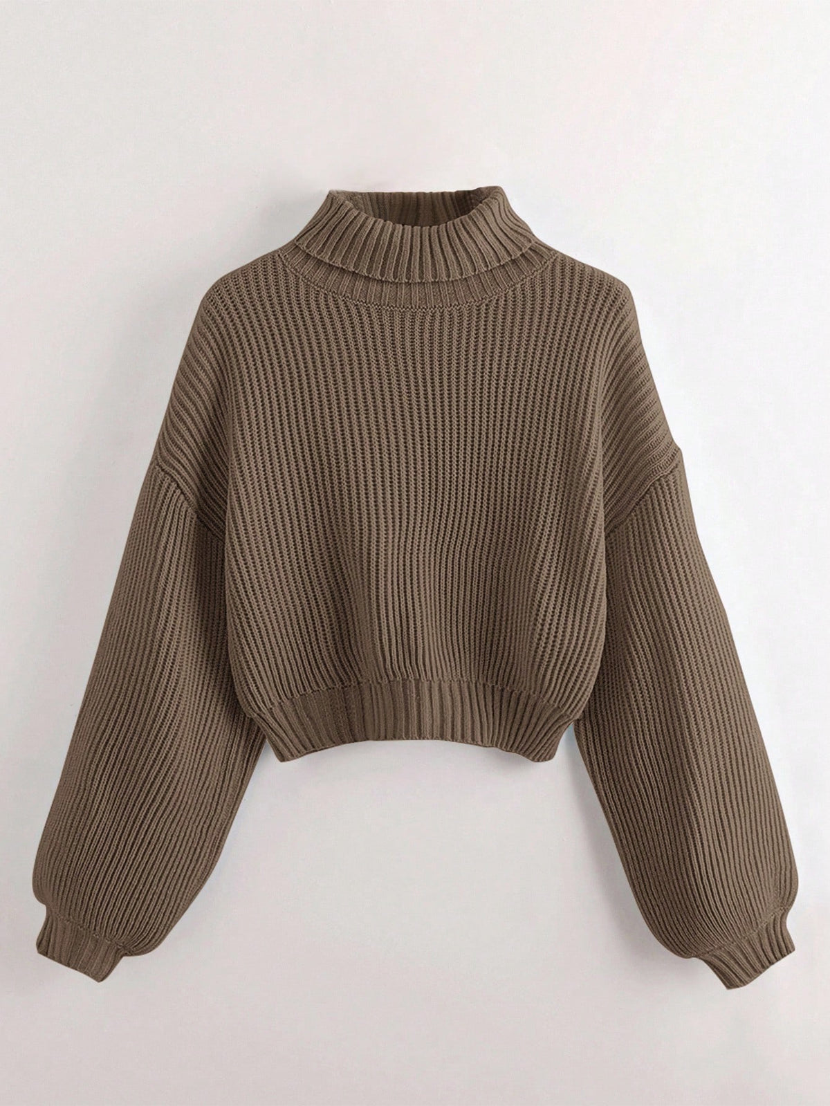 Women's rib-knit crop turtleneck sweater with long drop shoulder sleeves
