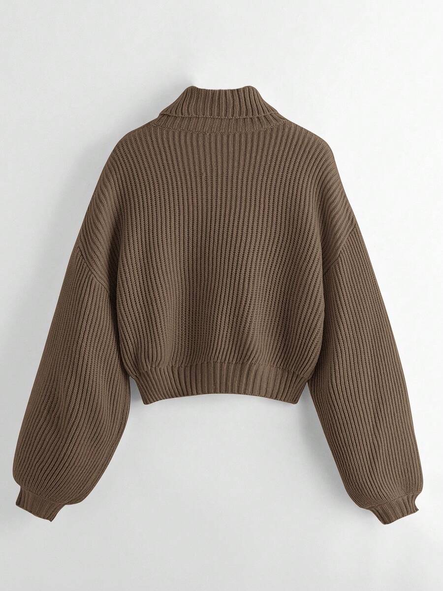 Women's rib-knit crop turtleneck sweater with long drop shoulder sleeves