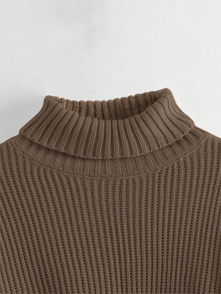 Women's rib-knit crop turtleneck sweater with long drop shoulder sleeves