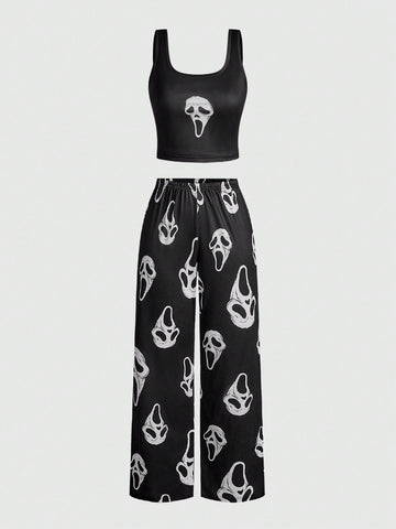 Women's gothic skull face print pajama set featuring a slim fit crop camisole and matching pants