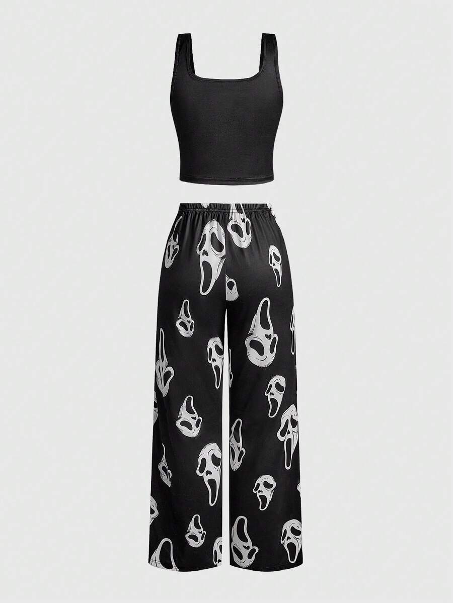 Women's gothic skull face print pajama set featuring a slim fit crop camisole and matching pants