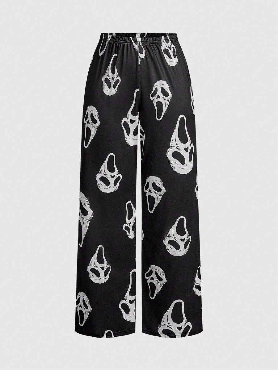 Women's gothic skull face print pajama set featuring a slim fit crop camisole and matching pants