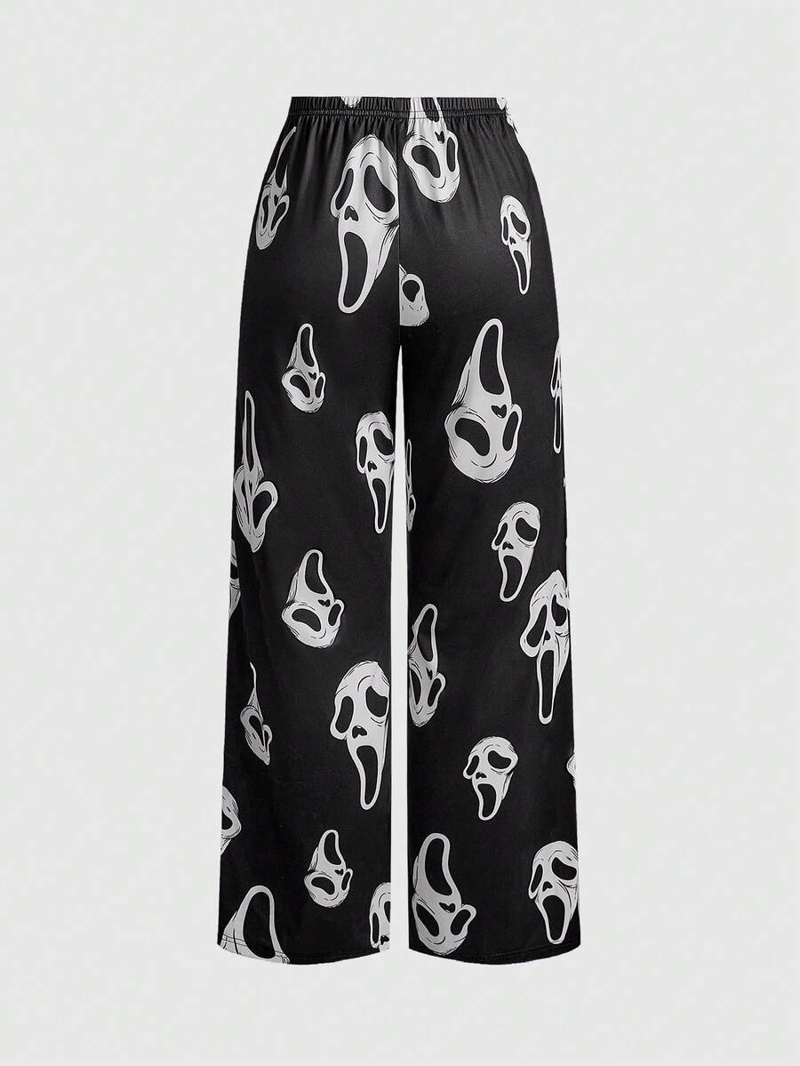 Women's gothic skull face print pajama set featuring a slim fit crop camisole and matching pants