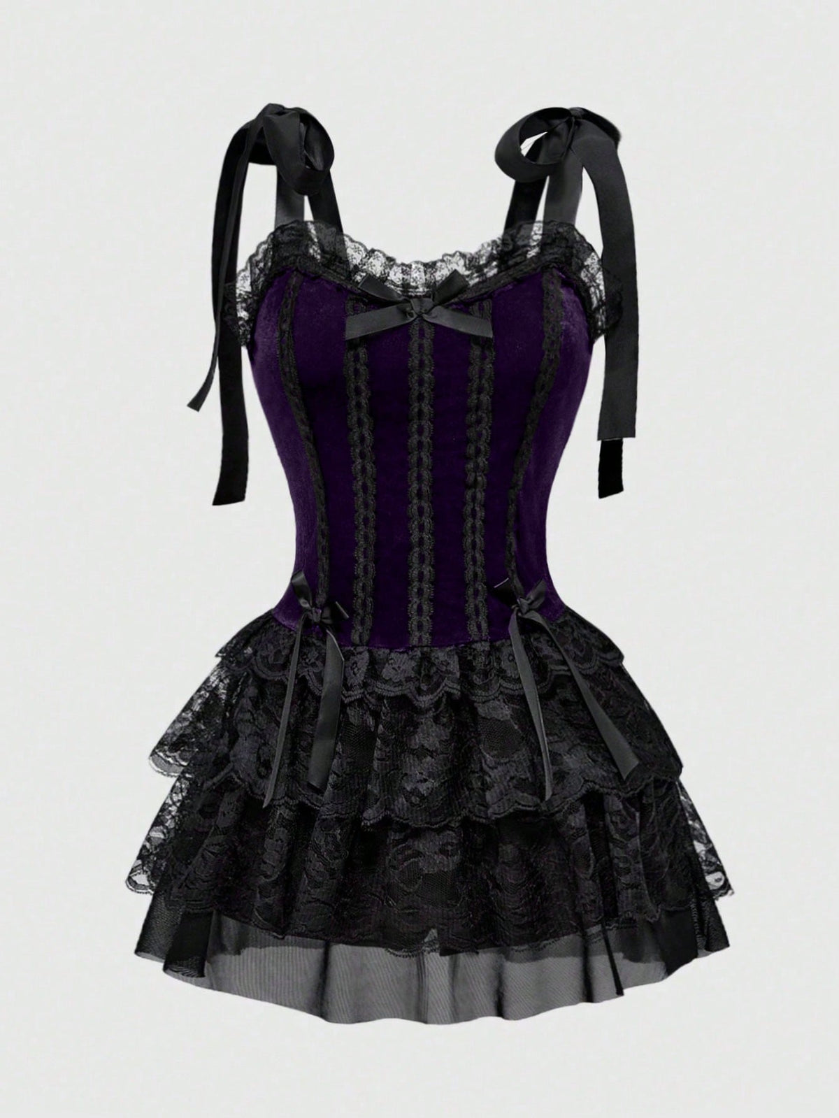 Gothic velvet halter mini dress with contrast lace trim, bow detail, lace-up accents, arm sleeves, layered hem, and cross pendant.