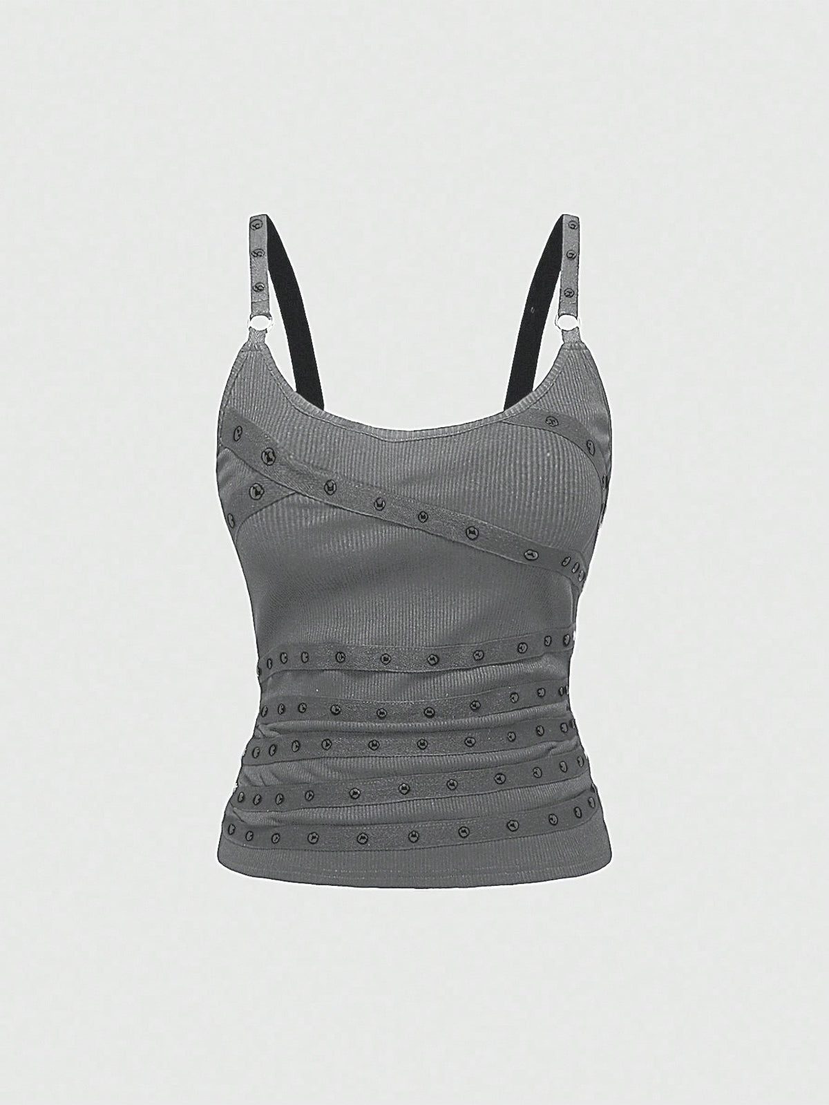 Women's wide-strap cami top featuring a grunge punk design with cut-out details, rhinestone embellishments, and grommet eyelets.