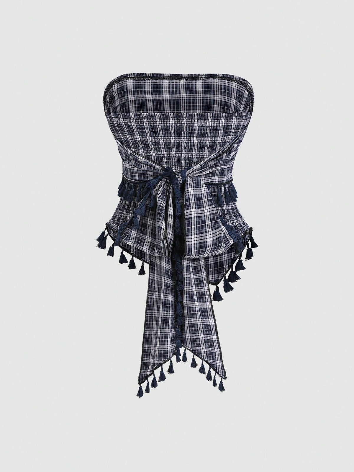 French retro plaid strapless camisole top with an asymmetrical fringe hem.