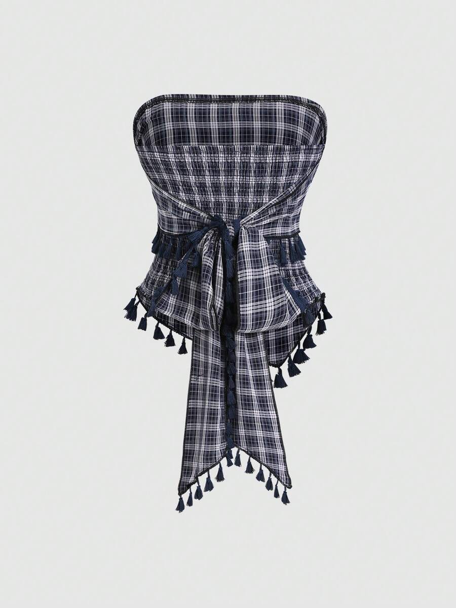 French retro plaid strapless camisole top with an asymmetrical fringe hem.