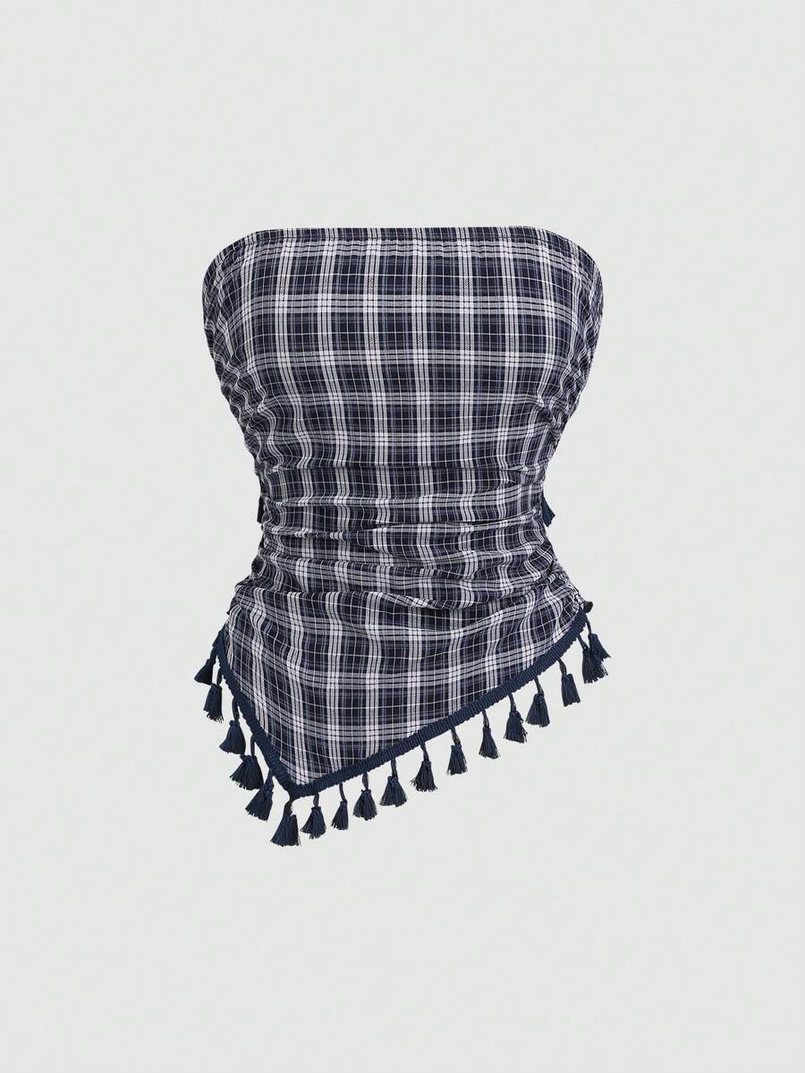French retro plaid strapless camisole top with an asymmetrical fringe hem.