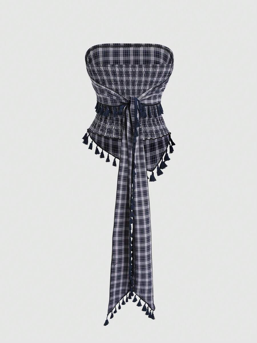 French retro plaid strapless camisole top with an asymmetrical fringe hem.
