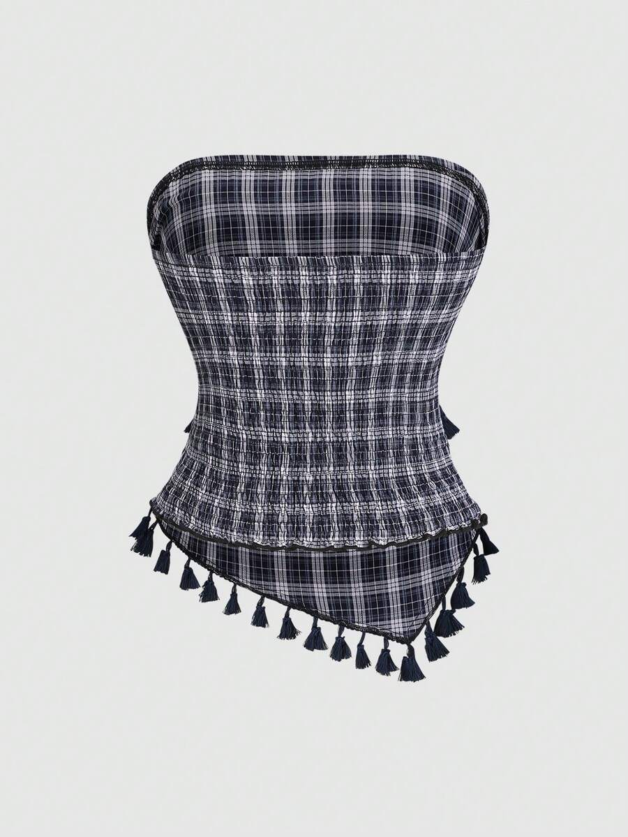 French retro plaid strapless camisole top with an asymmetrical fringe hem.