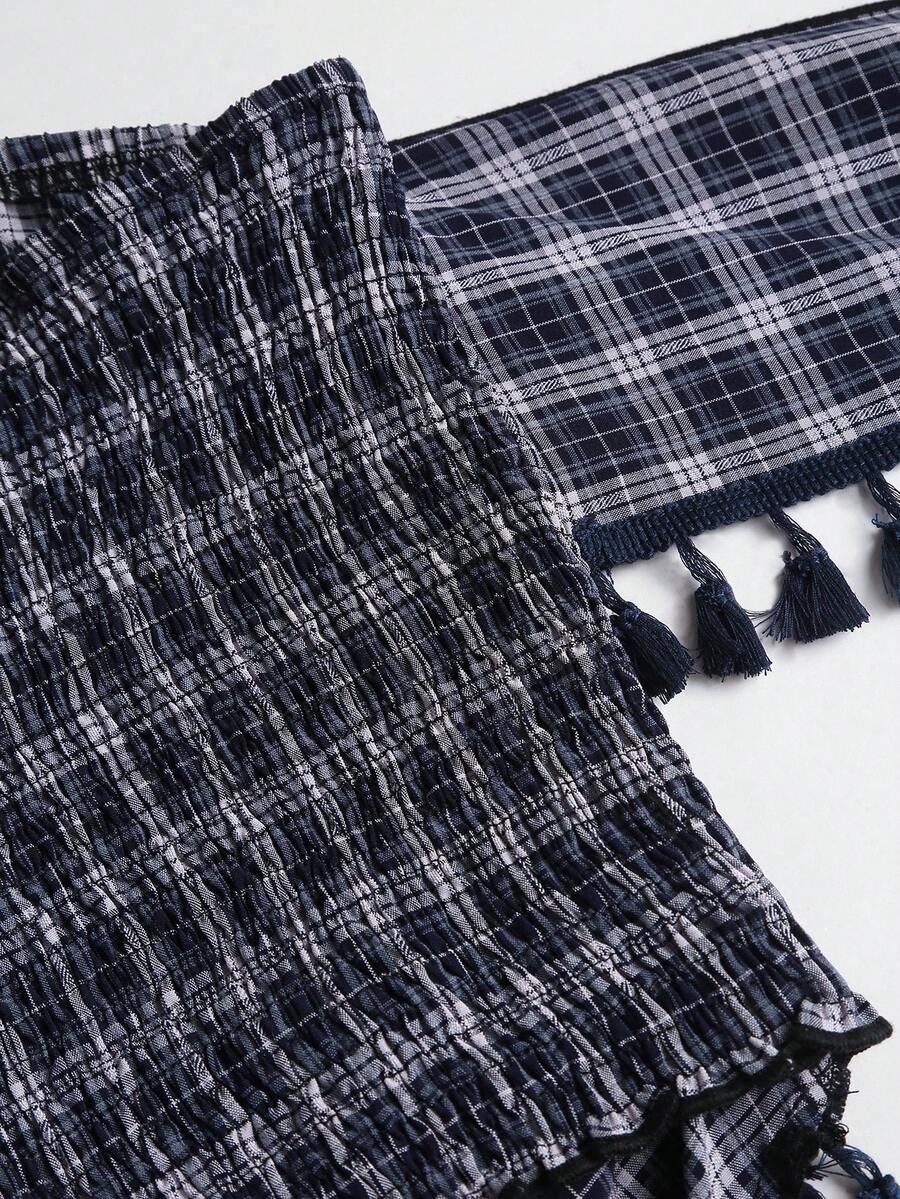 French retro plaid strapless camisole top with an asymmetrical fringe hem.
