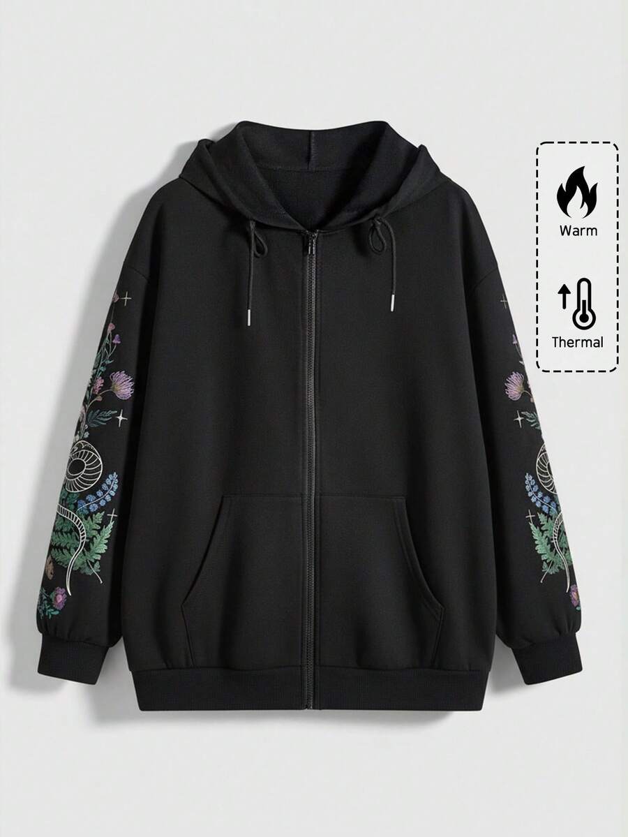 Women's plus size oversized zip-up sweatshirt jacket featuring a gothic graphic with coiled snake, butterfly, and thorn motifs, drawstring hood, and front pockets.