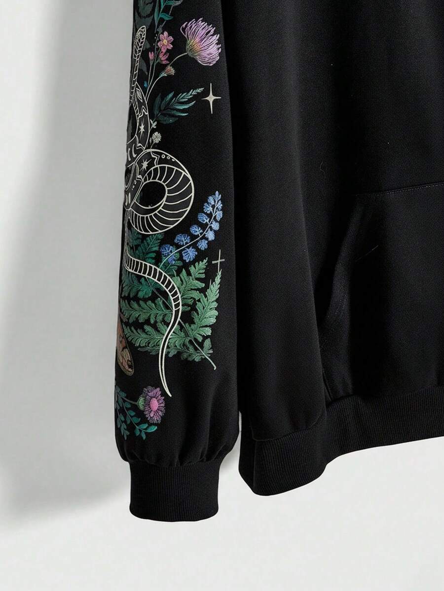 Women's plus size oversized zip-up sweatshirt jacket featuring a gothic graphic with coiled snake, butterfly, and thorn motifs, drawstring hood, and front pockets.