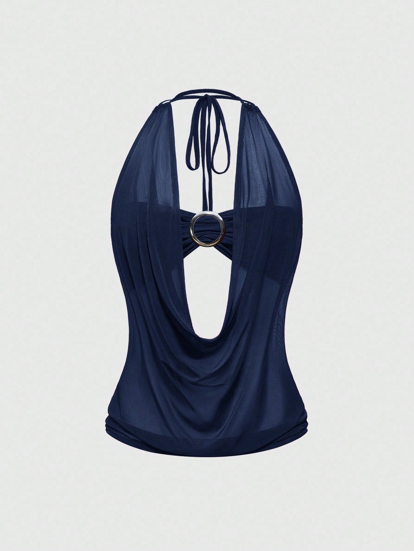Women's Y2K retro crop tank top with draped halter neckline, cut-out detail, slim fit, and backless design