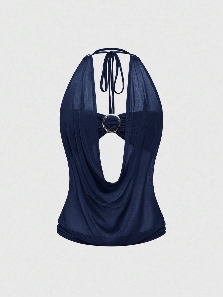 Women's Y2K retro crop tank top with draped halter neckline, cut-out detail, slim fit, and backless design