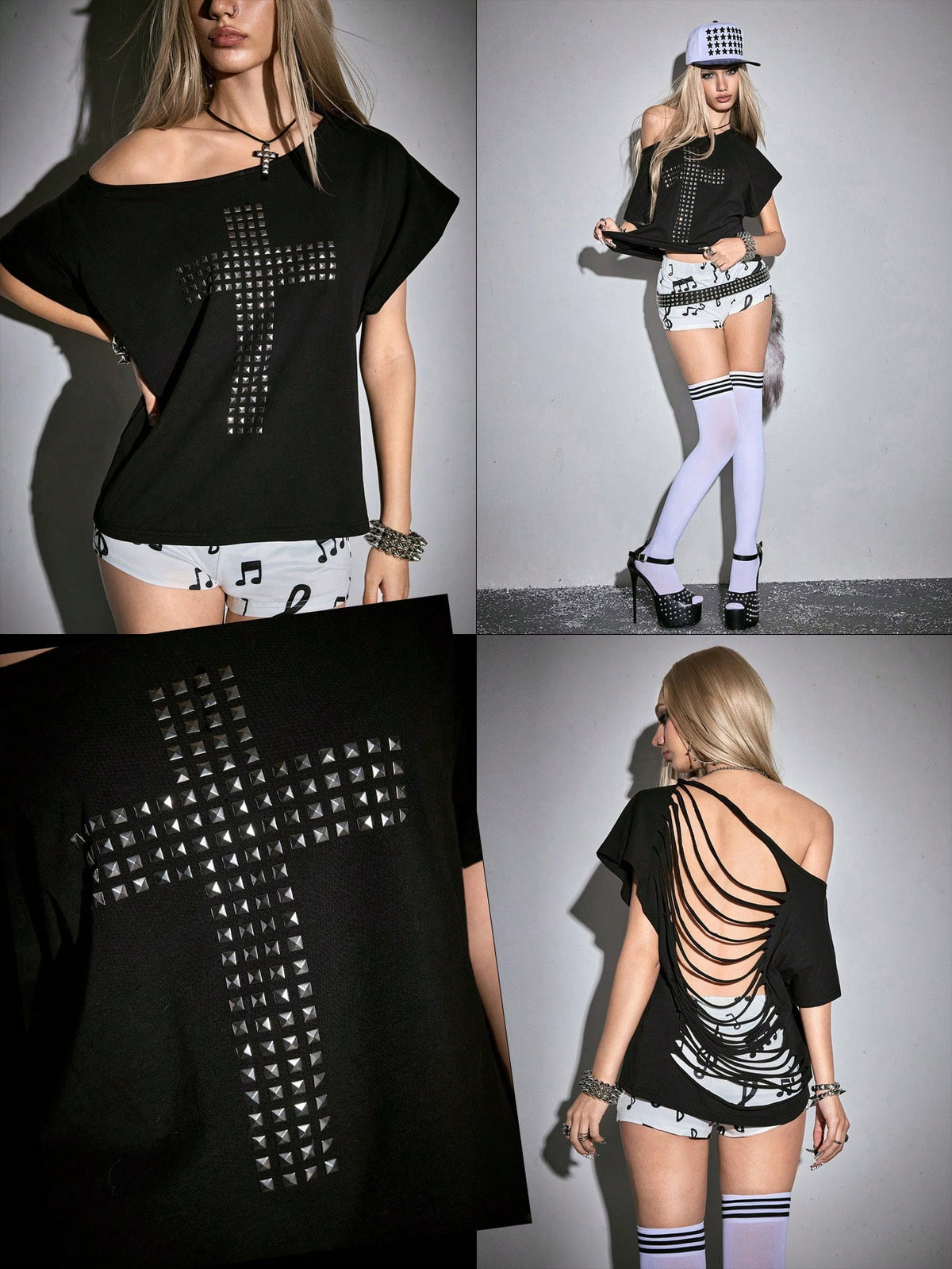 Women's grunge punk style short sleeve t-shirt featuring an asymmetrical neckline, hollow-out cut detail, and relaxed batwing sleeves in a soft cotton stretch fabric.