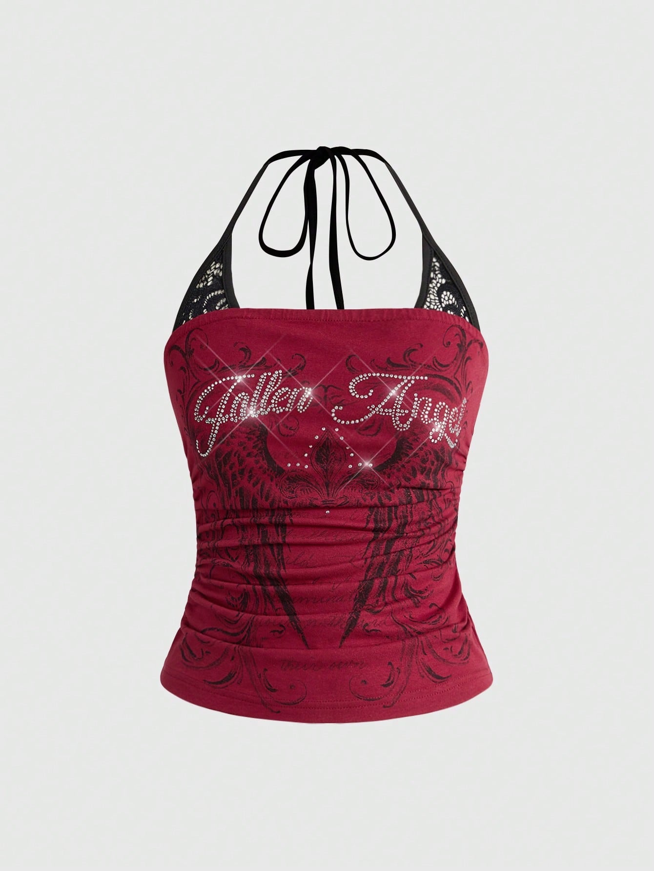 Women's cropped Y2K punk print halter cami top with contrast lace, backless knot detail, and slim fit knitted fabric