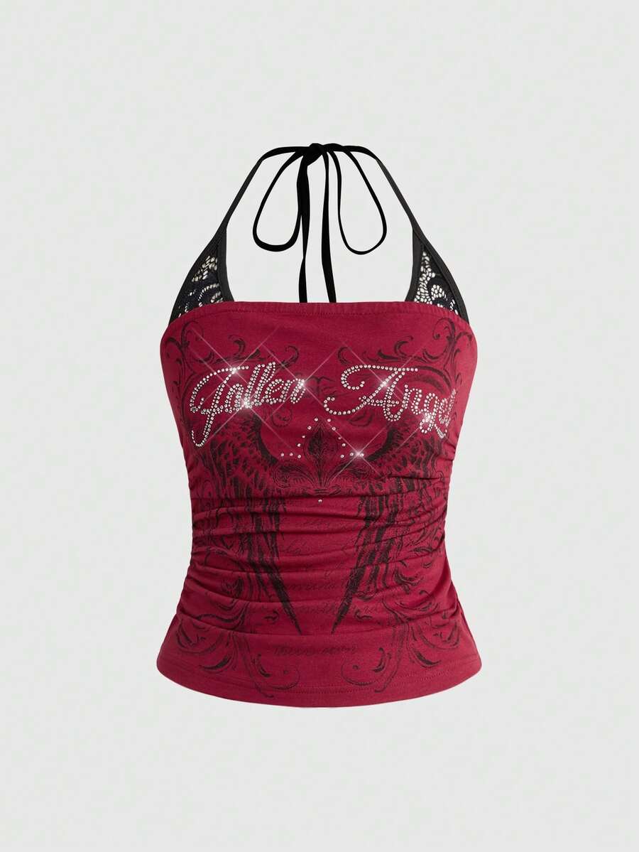 Women's cropped Y2K punk print halter cami top with contrast lace, backless knot detail, and slim fit knitted fabric