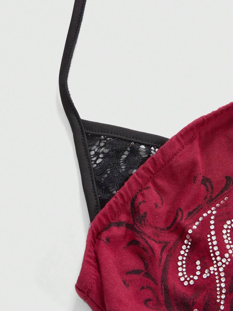 Women's cropped Y2K punk print halter cami top with contrast lace, backless knot detail, and slim fit knitted fabric