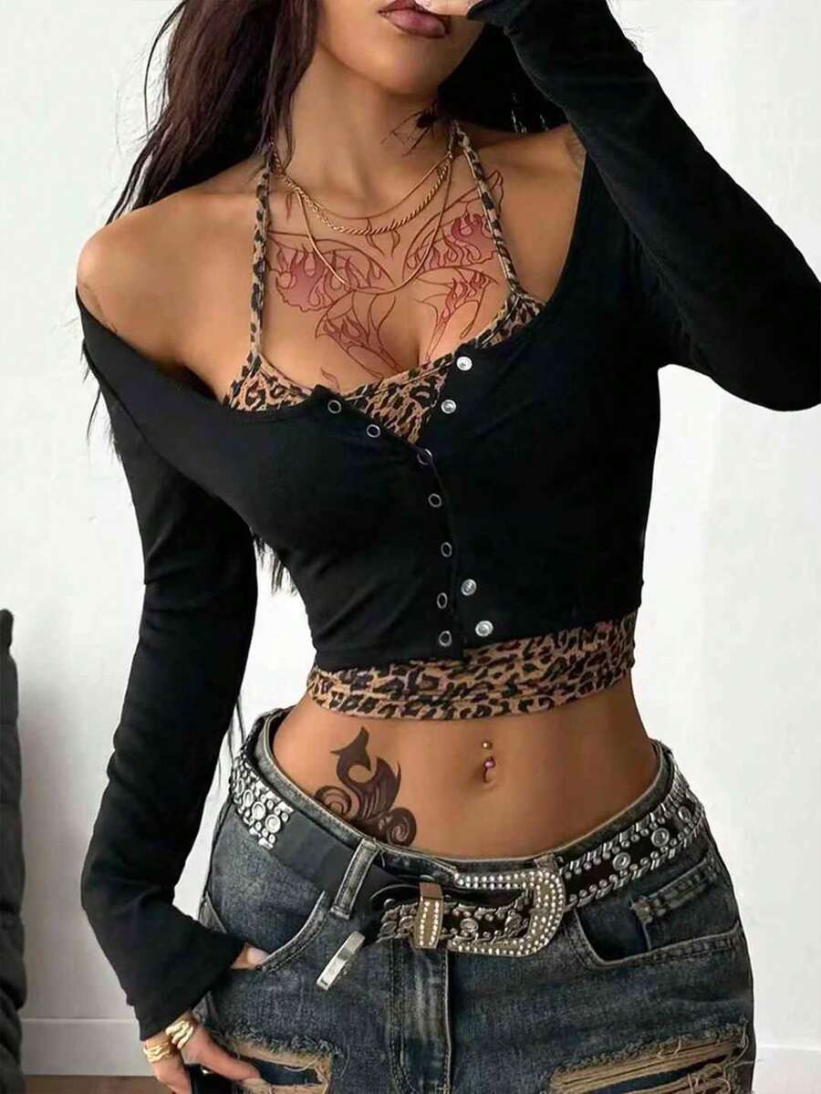 Women's cropped long sleeve 2-in-1 graphic T-shirt with scoop neck, tree branch pattern, patchwork camisole look, and gold button detail