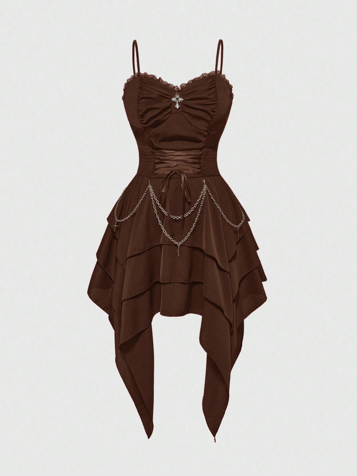 Women's vintage gothic cami dress with high-waist lace-up detail, spaghetti straps, zipper closure, and an asymmetrical knee-length hem.