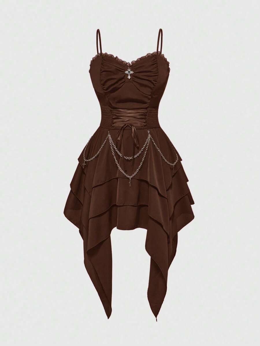 Women's vintage gothic cami dress with high-waist lace-up detail, spaghetti straps, zipper closure, and an asymmetrical knee-length hem.