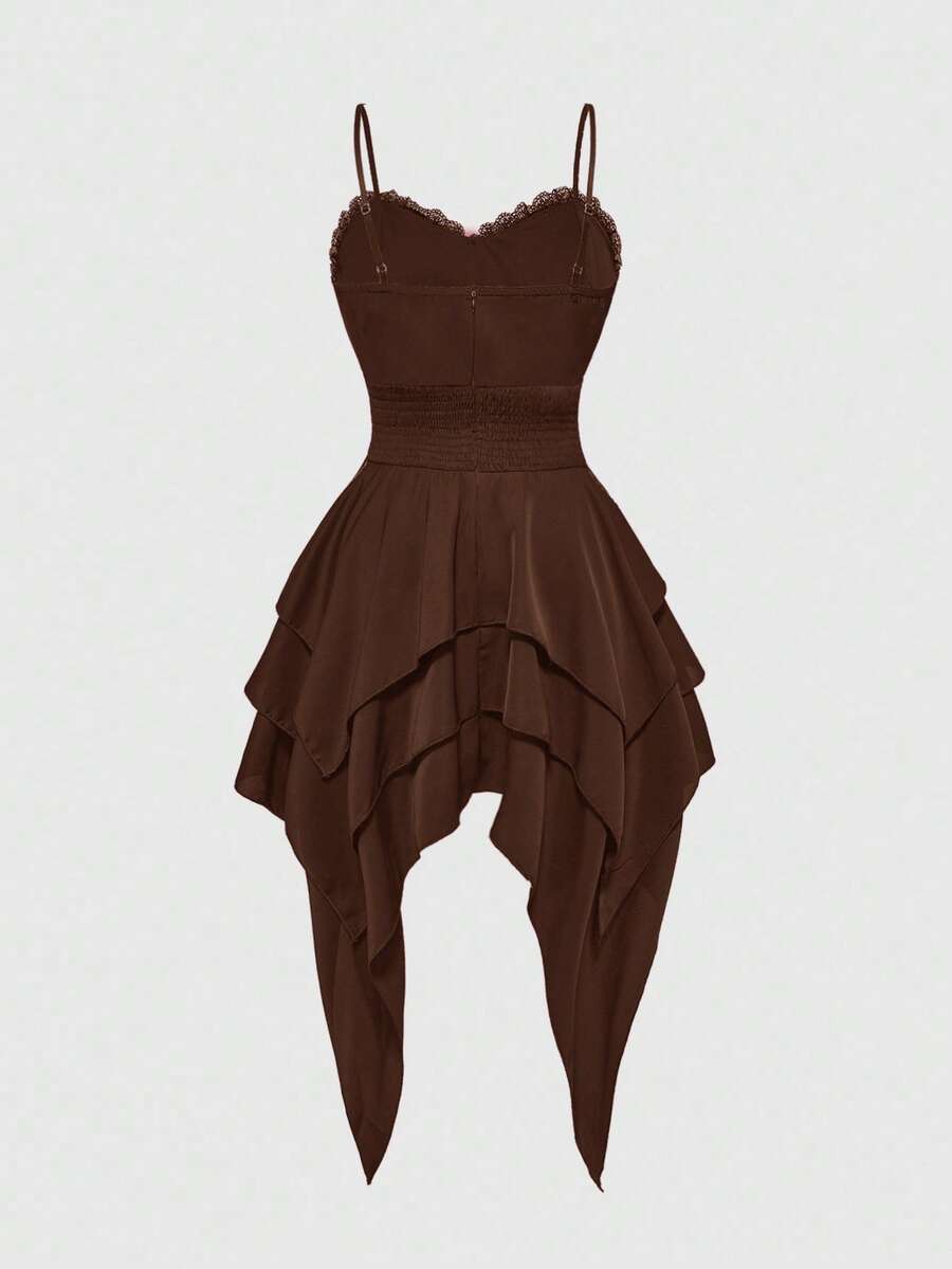 Women's vintage gothic cami dress with high-waist lace-up detail, spaghetti straps, zipper closure, and an asymmetrical knee-length hem.