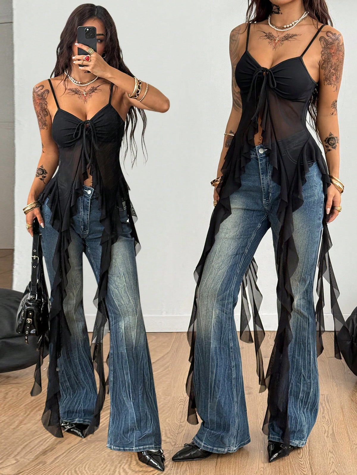 Burgundy sleeveless asymmetrical mesh long top for women featuring spaghetti straps and lace-up details with a slim fit.