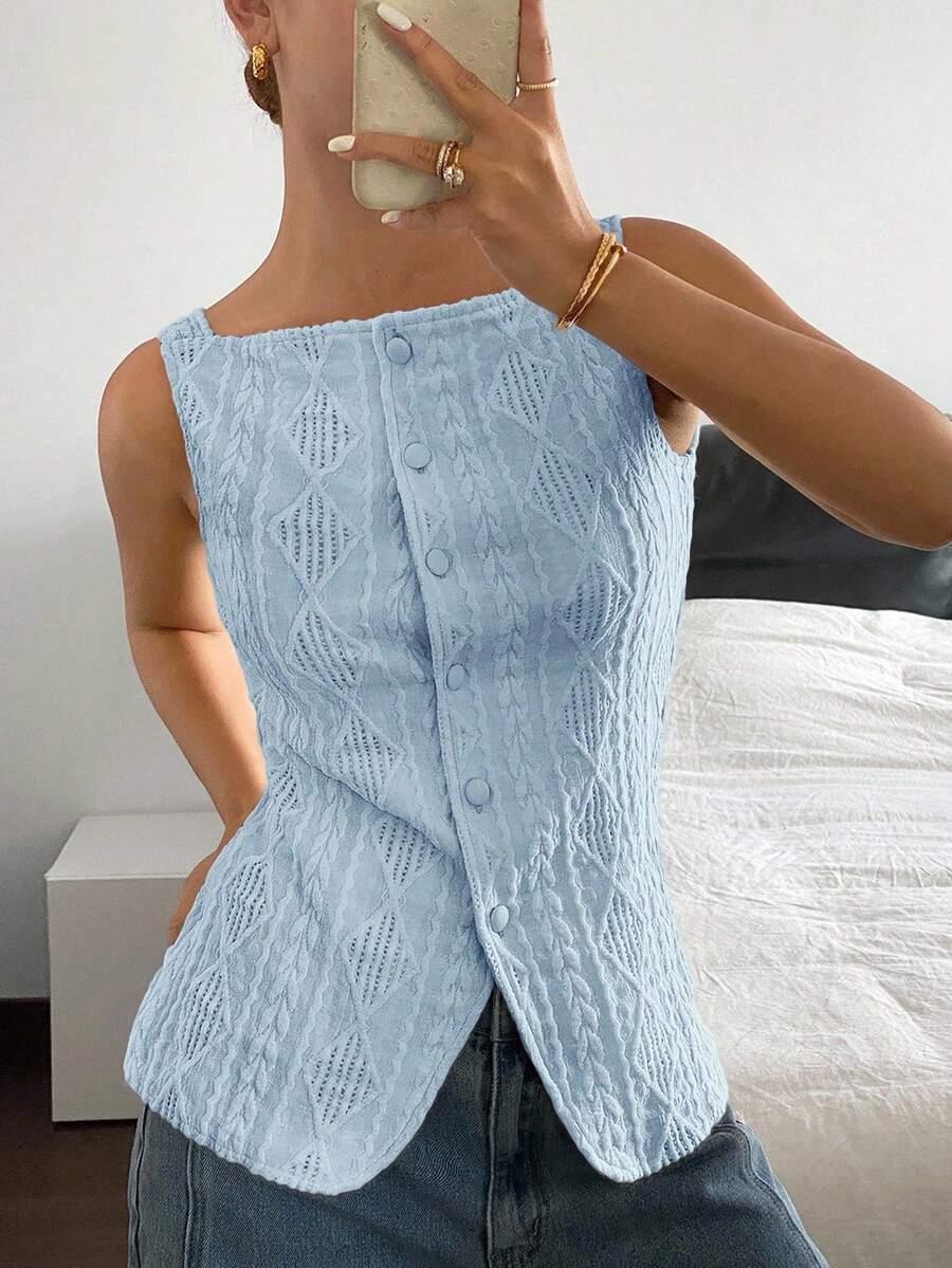 Striped ribbed knit tank top for women featuring a button-down front, sleeveless design, and slim fit silhouette.