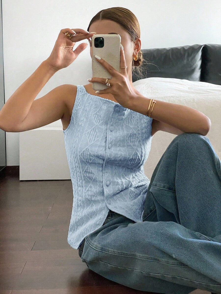 Striped ribbed knit tank top for women featuring a button-down front, sleeveless design, and slim fit silhouette.