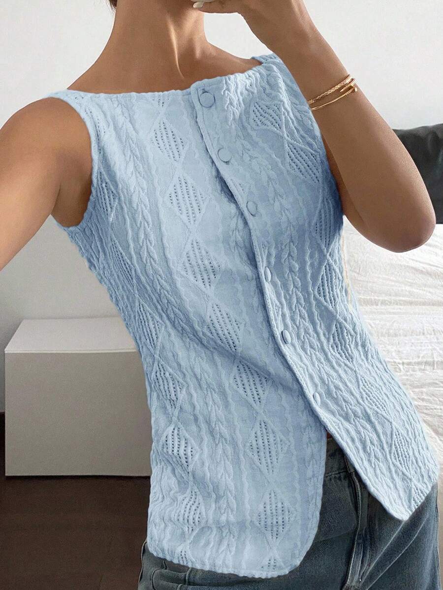 Striped ribbed knit tank top for women featuring a button-down front, sleeveless design, and slim fit silhouette.