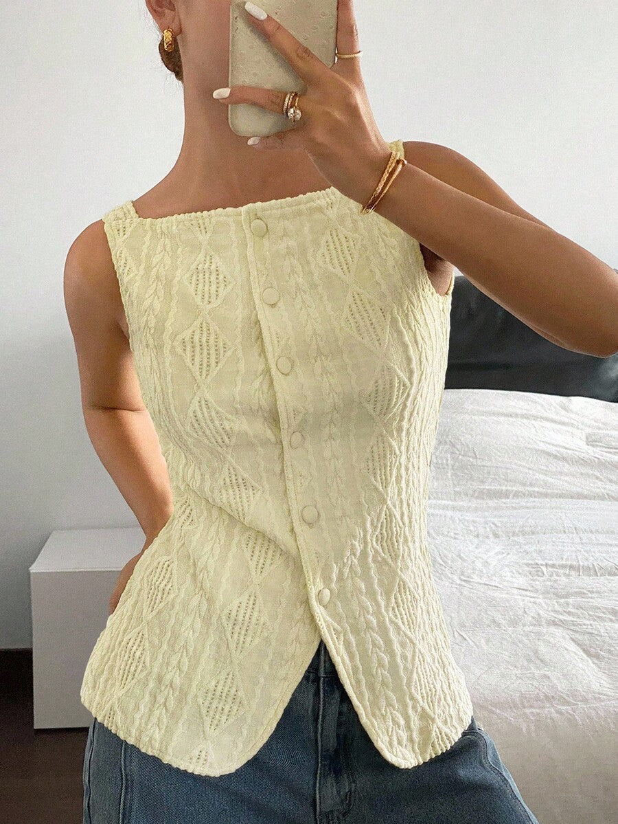 Striped ribbed knit tank top for women featuring a button-down front, sleeveless design, and slim fit silhouette.