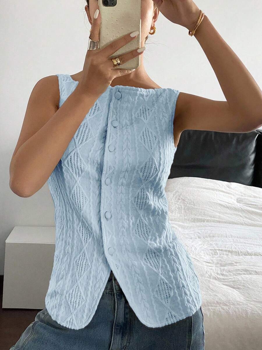 Striped ribbed knit tank top for women featuring a button-down front, sleeveless design, and slim fit silhouette.