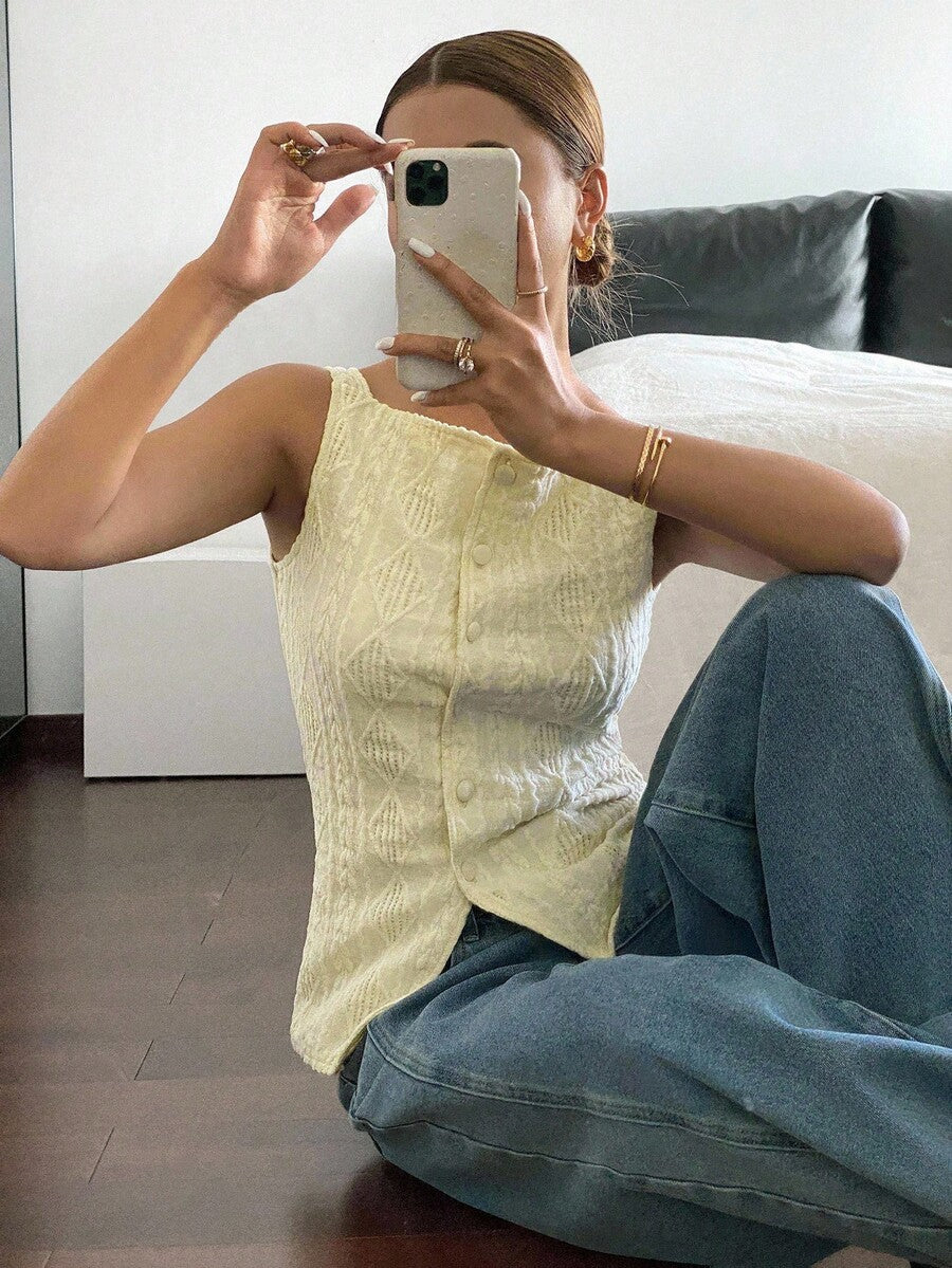 Striped ribbed knit tank top for women featuring a button-down front, sleeveless design, and slim fit silhouette.