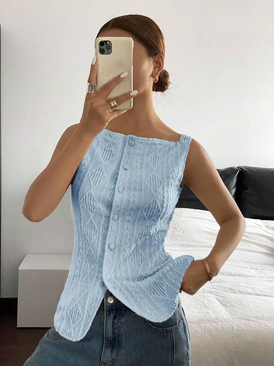 Striped ribbed knit tank top for women featuring a button-down front, sleeveless design, and slim fit silhouette.