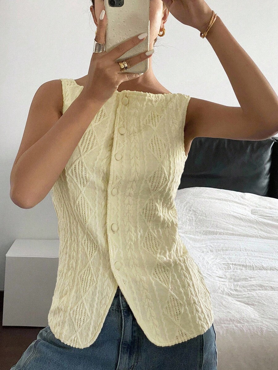 Striped ribbed knit tank top for women featuring a button-down front, sleeveless design, and slim fit silhouette.