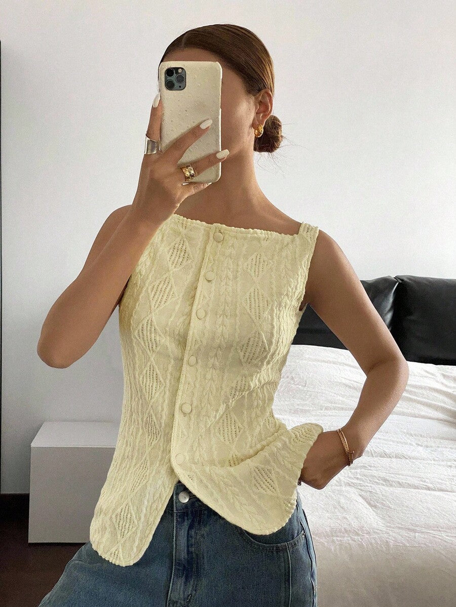 Striped ribbed knit tank top for women featuring a button-down front, sleeveless design, and slim fit silhouette.