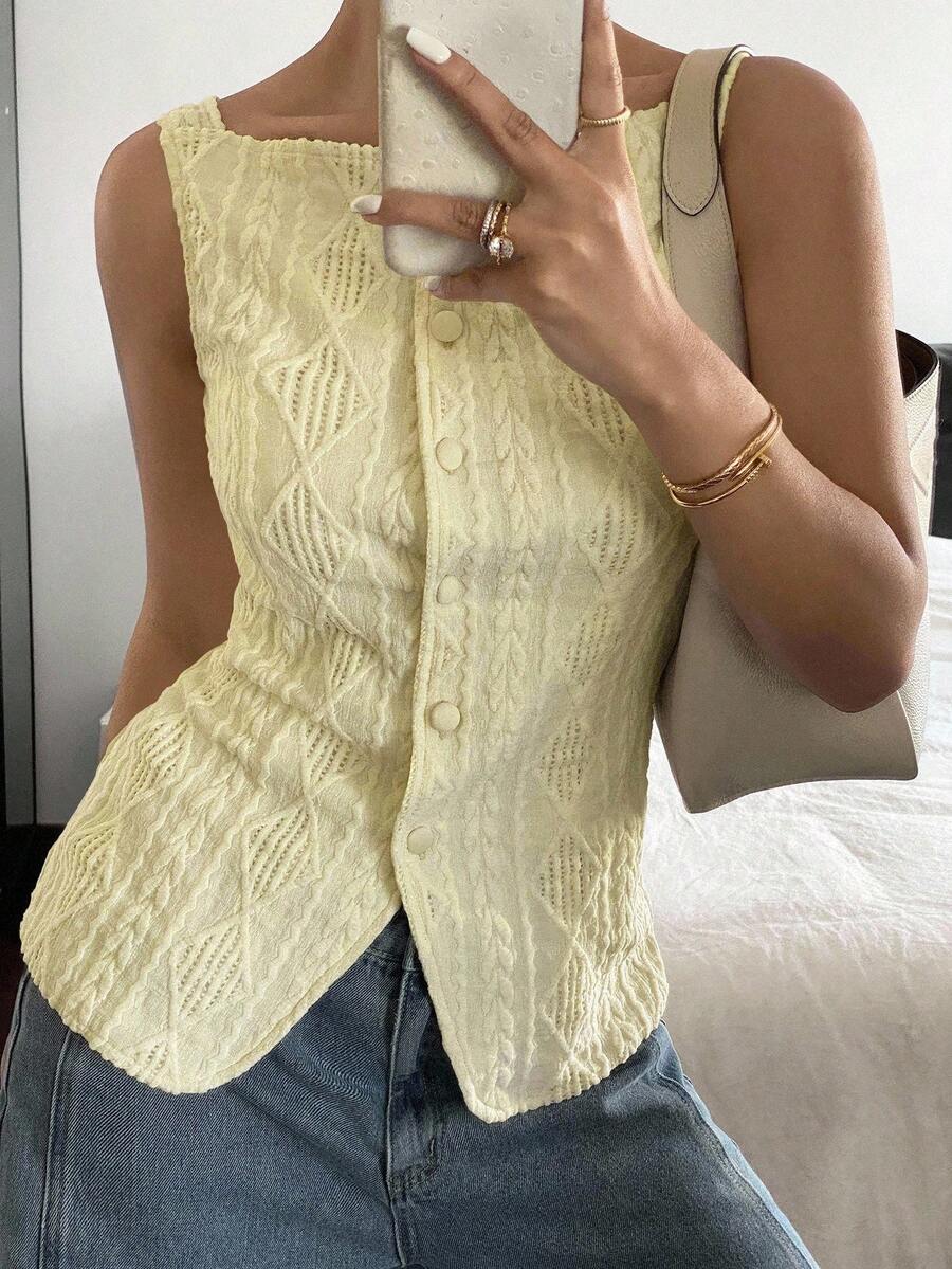 Striped ribbed knit tank top for women featuring a button-down front, sleeveless design, and slim fit silhouette.