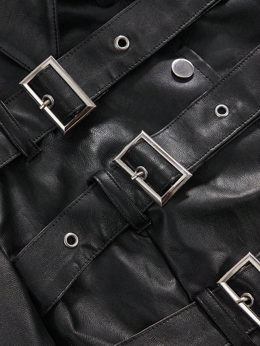 Women's black grunge punk motorcycle jacket featuring metal buckle straps and asymmetrical hem