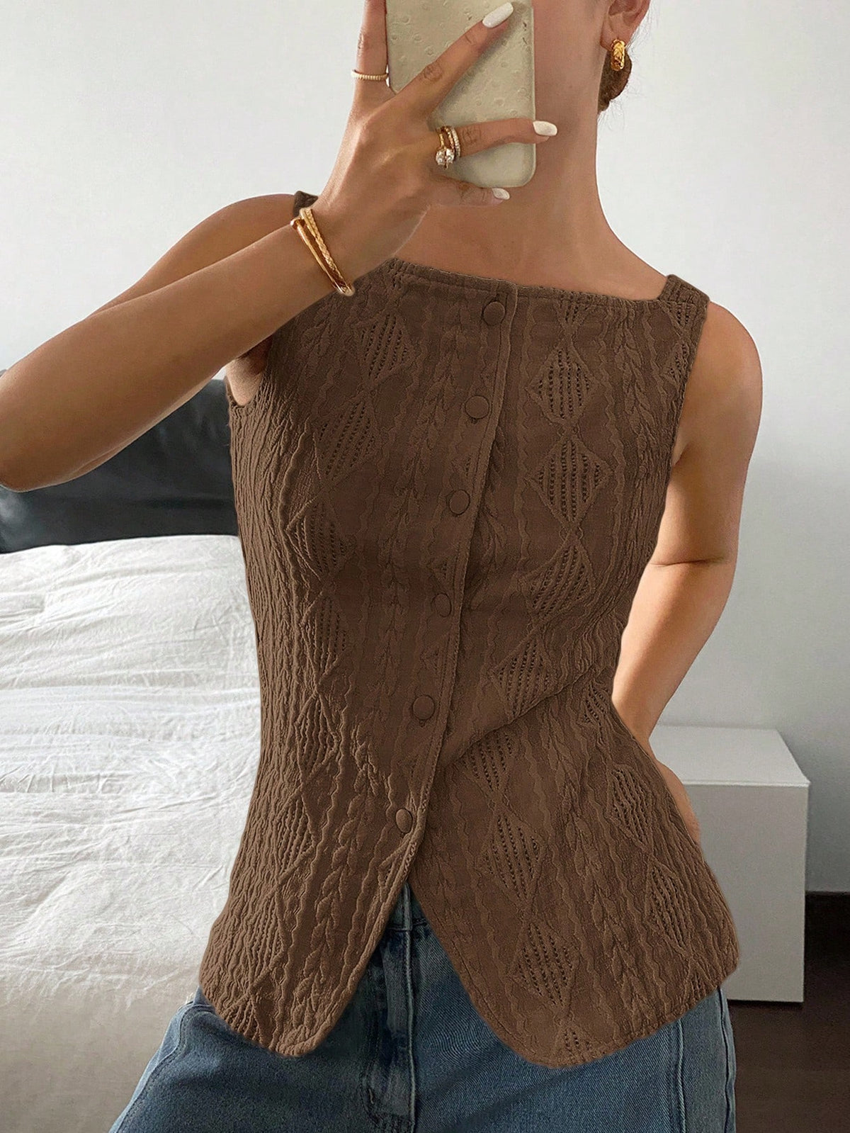 Striped ribbed knit tank top for women featuring a button-down front, sleeveless design, and slim fit silhouette.