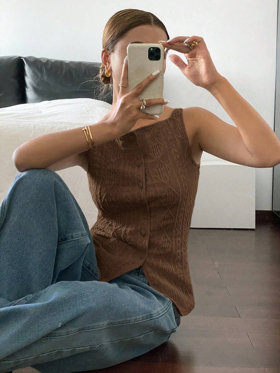 Striped ribbed knit tank top for women featuring a button-down front, sleeveless design, and slim fit silhouette.