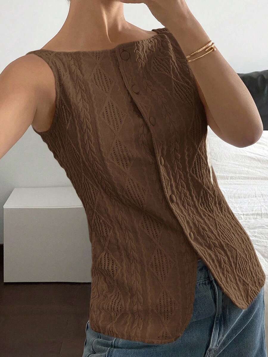 Striped ribbed knit tank top for women featuring a button-down front, sleeveless design, and slim fit silhouette.