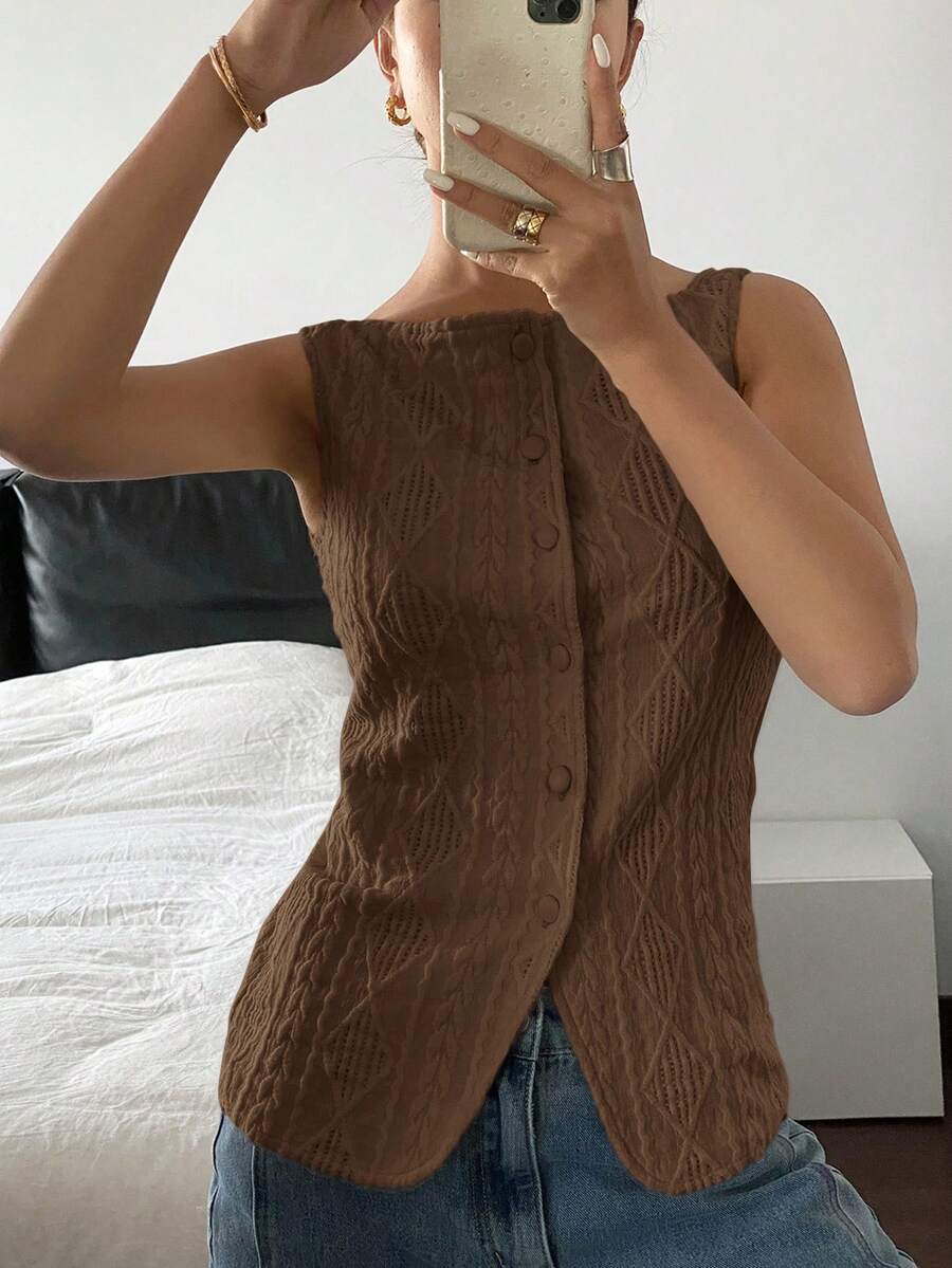 Striped ribbed knit tank top for women featuring a button-down front, sleeveless design, and slim fit silhouette.