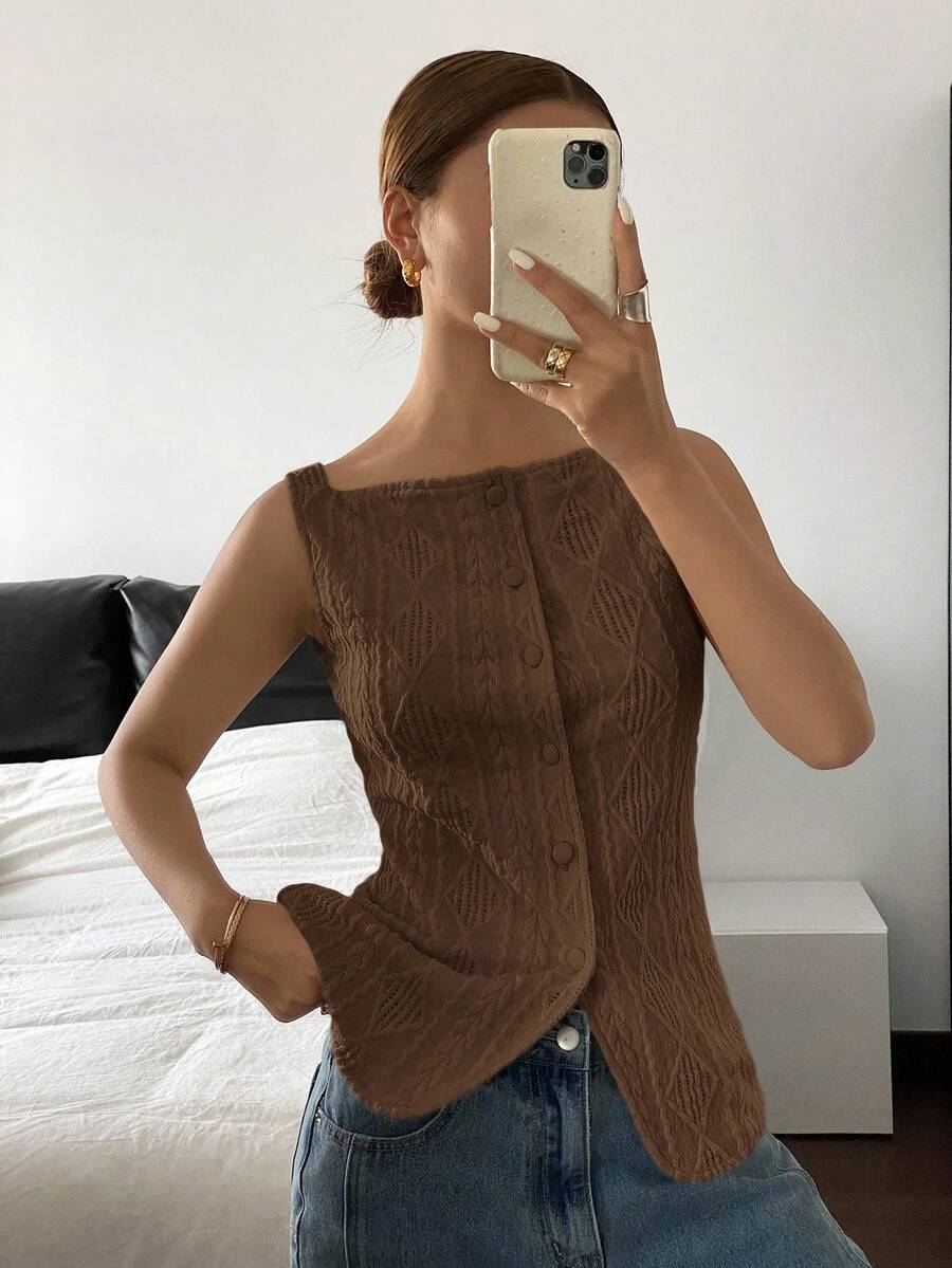 Striped ribbed knit tank top for women featuring a button-down front, sleeveless design, and slim fit silhouette.