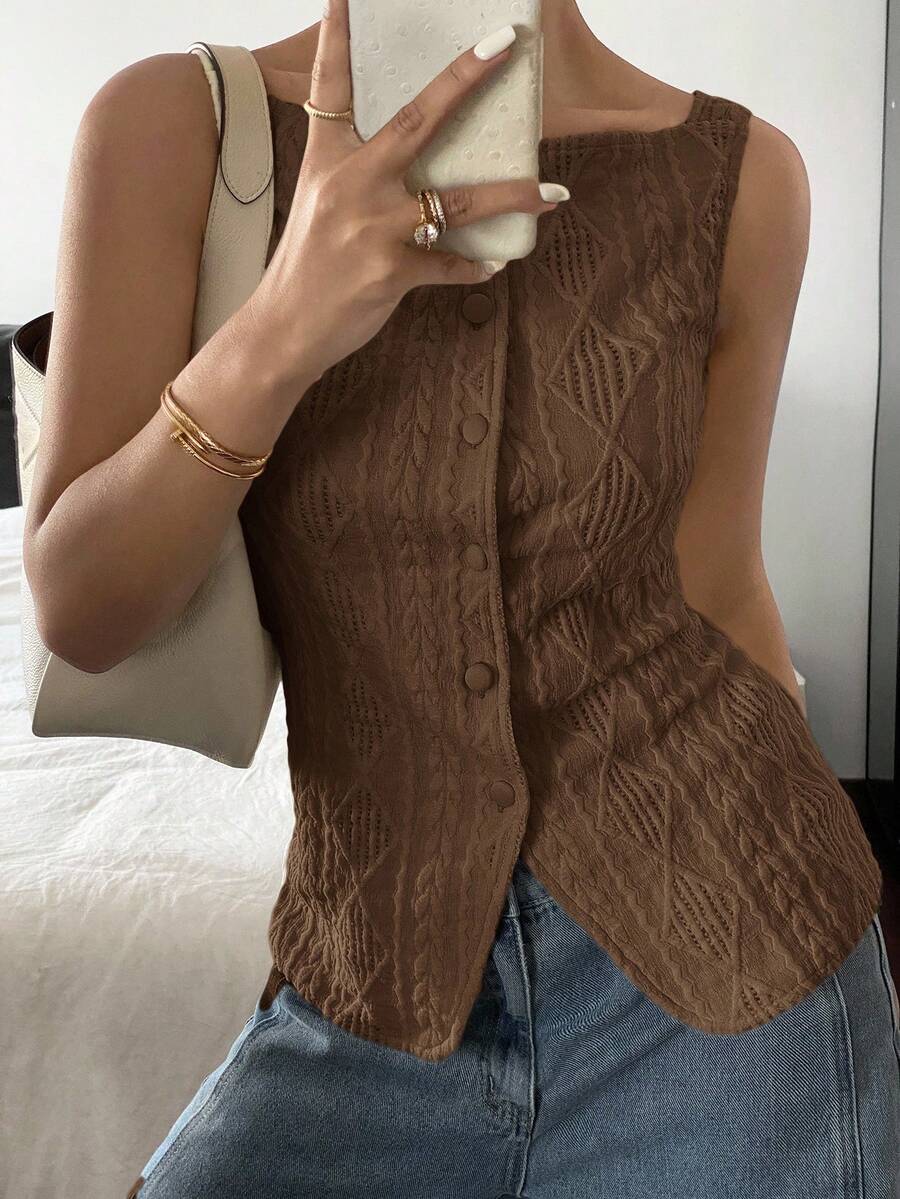 Striped ribbed knit tank top for women featuring a button-down front, sleeveless design, and slim fit silhouette.