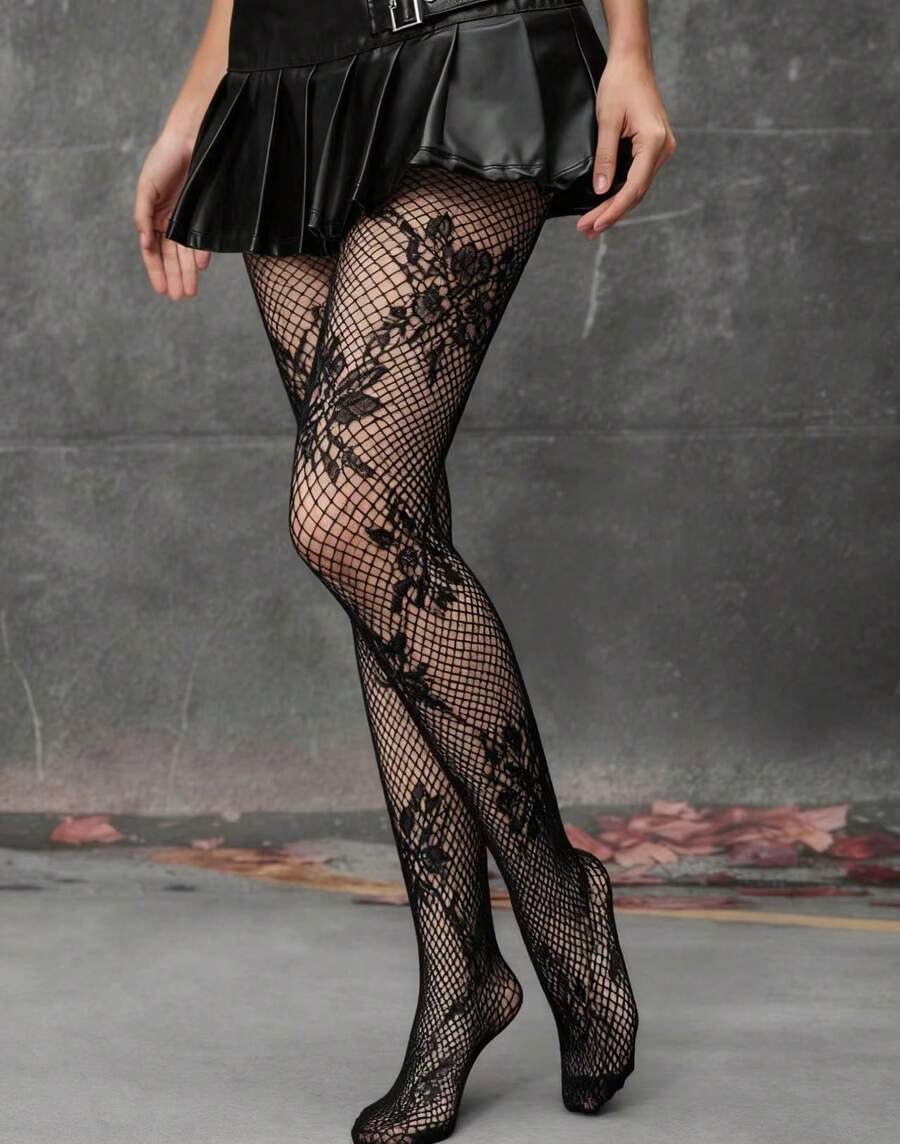 Women's floral fishnet tights with baroque hollow-out pattern in stretch knit fabric.